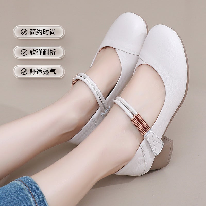 25 New Style One-Word With Four Seasons Mary Jane Comfortable Mid-Heel Round Toe Shallow Mouth Leather Top Layer Cowhide Small Size Mother Shoes - Image 2